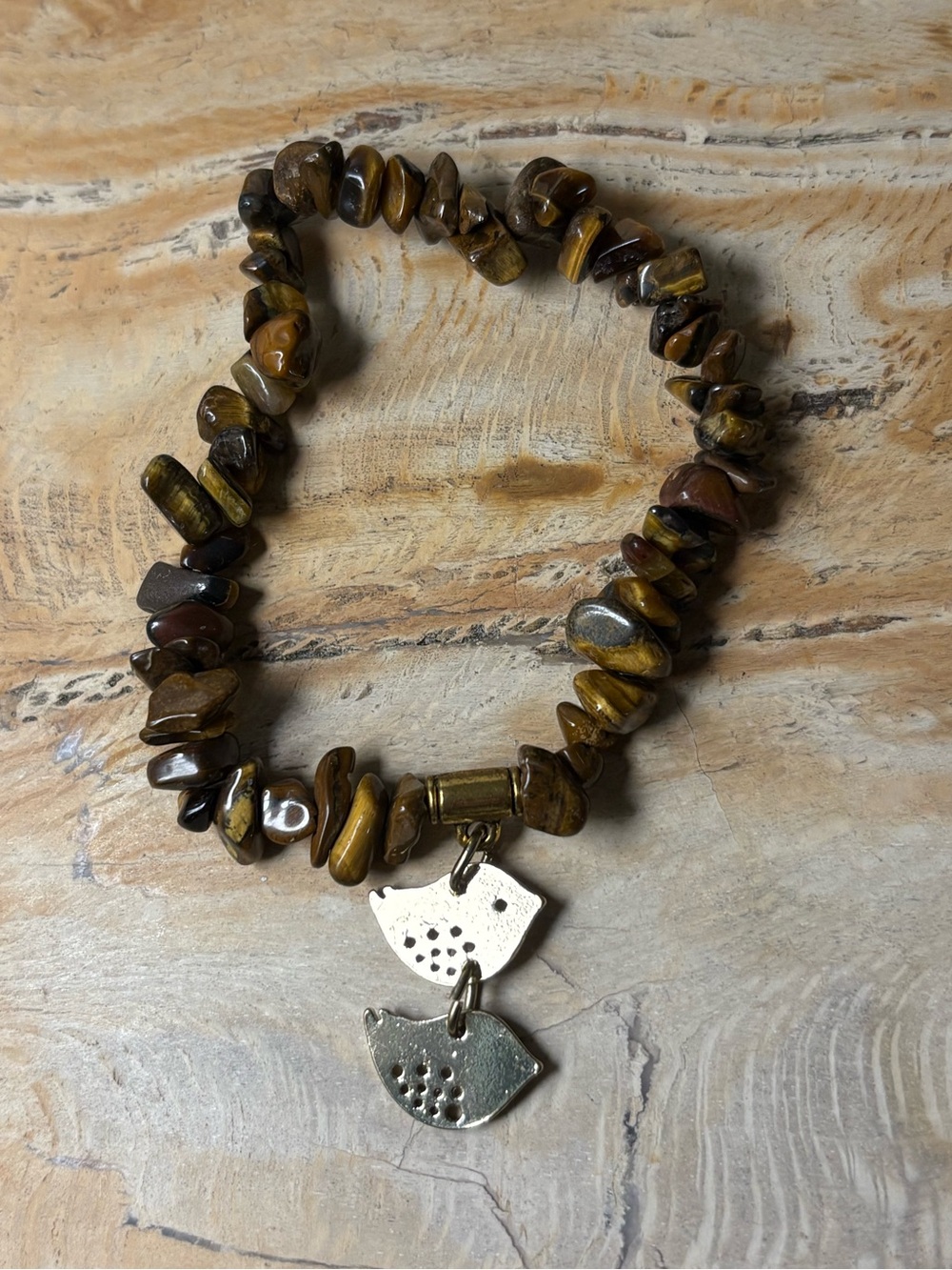 Tiger Eye Chip Bracelet with Silver Bird Charms